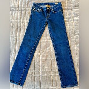 Tory Burch Jeans 25 Classic Dark Straight Leg Mid Rise Stretch 28 Inseam Logo